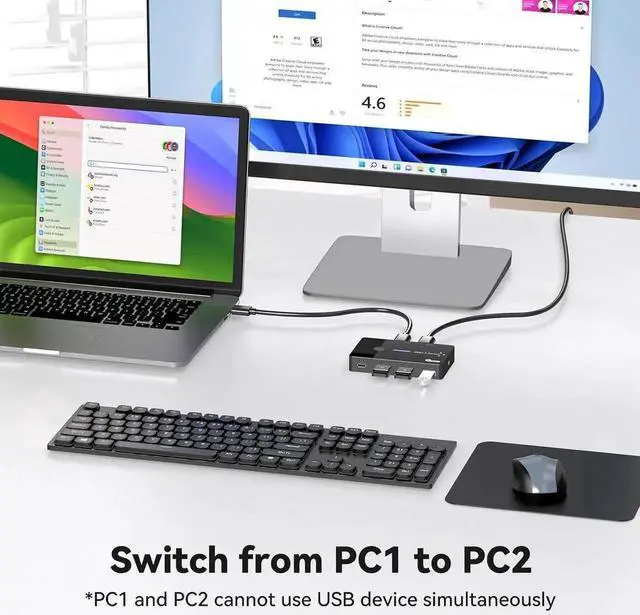 Alt view image 2 of 7 - USB 3.0 Switch 2 Computers Sharing USB C & A Devices, 4 Port USB Switcher Sharing Keyboard and Mouse, Printer/Scanner USB Switch Hub for 2 Computers with 2 USB3.0 Cables and Desktop Controller