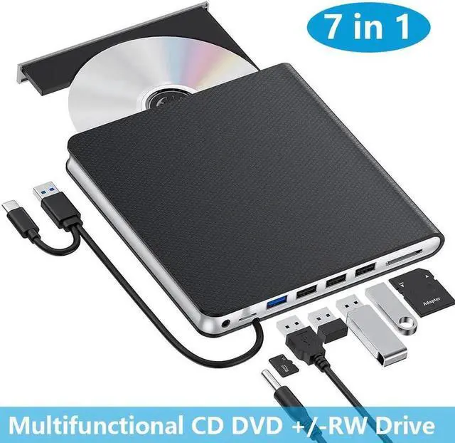 Main image of External CD DVD Drive for Laptop, [7 in 1] USB 3.0 & Type C CD Burner External DVD Drive Portable DVD Player with 4 USB and TF/SD Slots,Slim External CD Drive Compatible with Windows Linux MacOS