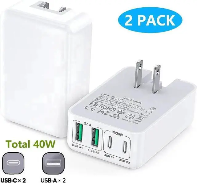 Main image of Flat USB C Fast Wall Charger [2A+2C], 2-Pack 40W 4-Port PD3.0 Slim Type C Cube Blocks Multiport Brick Dual Port PD + QC Plug Power Adapter for i-Ph-one Android Cellphones,Air-Pods,i-Pad,Tablets
