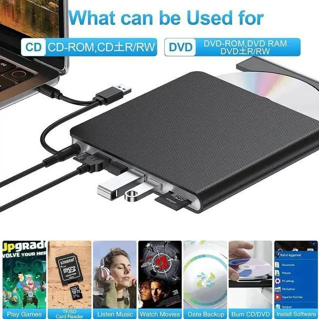 Alt view image 3 of 7 - External CD DVD Drive [7-in-1], USB 3.0 & Type-C DVD/CD +/-RW ROM Drive Reader, CD DVD Burner Rewriter with SD/TF & 4 USB Ports, Slim Optical Disc Drive DVD Player for Laptop PC/Winodws/Linux/MacOS