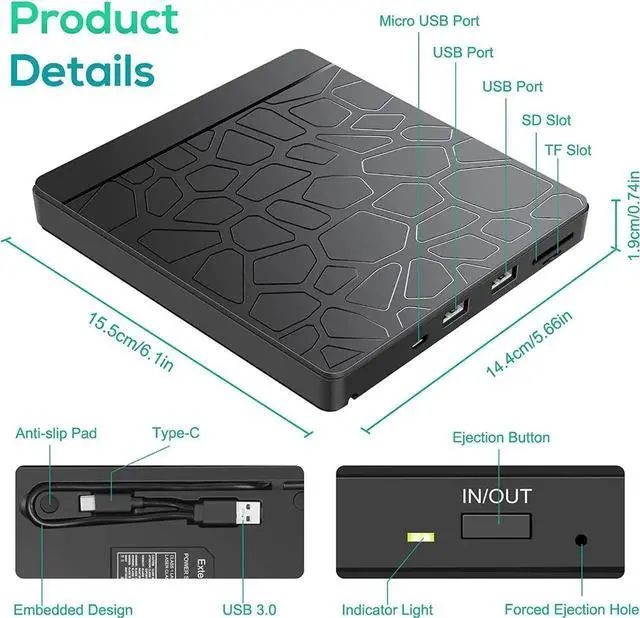 Alt view image 4 of 7 - External CD DVD Drive for laptop Windows 11 10, USB 3.0 and Type-C Portable CD DVD +/-RW ROM Drive Reader CD/DVD Burner Rewriter with SD TF Slot & 2x USB Ports, Slim DVD/CD Player for Linux, Mac OS