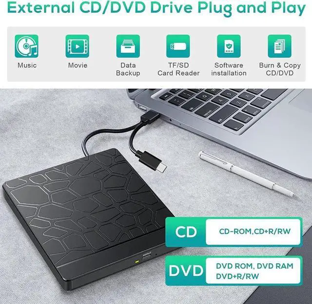 Alt view image 6 of 7 - External CD DVD Drive for laptop Windows 11 10, USB 3.0 and Type-C Portable CD DVD +/-RW ROM Drive Reader CD/DVD Burner Rewriter with SD TF Slot & 2x USB Ports, Slim DVD/CD Player for Linux, Mac OS