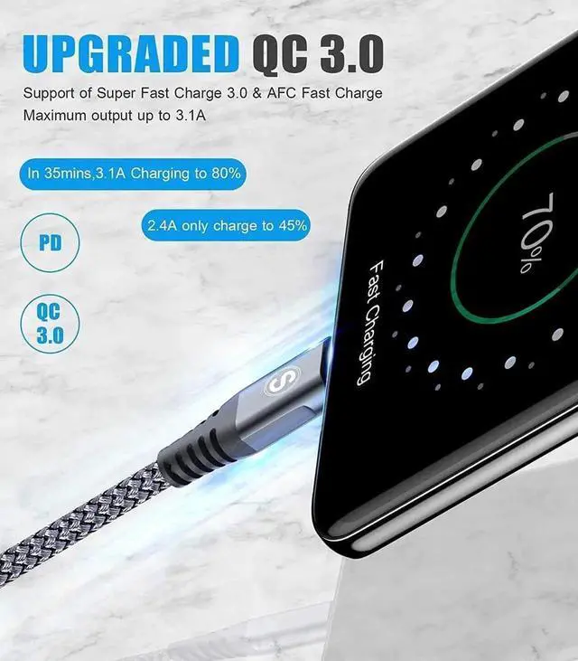 Alt view image 4 of 7 - sweguard USB Type C Charger Cable [3-Pack,10ft+6.6ft+3.3ft] iPhone 15 Charger Nylon Braided Cord for iPhone 15 Pro Max Samsung Galaxy S23 S22 S21 S20 S10 S9 Note 20 10 Flip A53 A54 Pixel LG Moto PS5