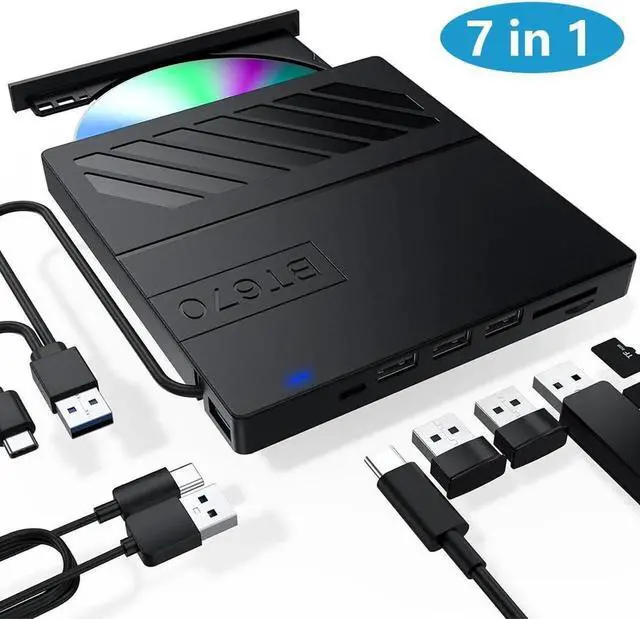 Main image of External CD/DVD Drive for Laptop, [7 in 1] USB 3.0 Type C Ultra-Slim Portable CD/DVD Player Burner, CD ROM Burner Writer External Optical Drive Compatible with Laptop Desktop PC Windows Linux MacOS