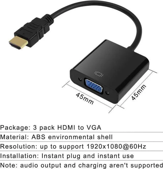 Alt view image 5 of 7 - HDMI to VGA Gold-Plated HDMI to VGA Adapter (Male to Female) for Computer Desktop Laptop PC Monitor Projector HDTV Chromebook Raspberry Pi Xbox and More - Black 3 Pack