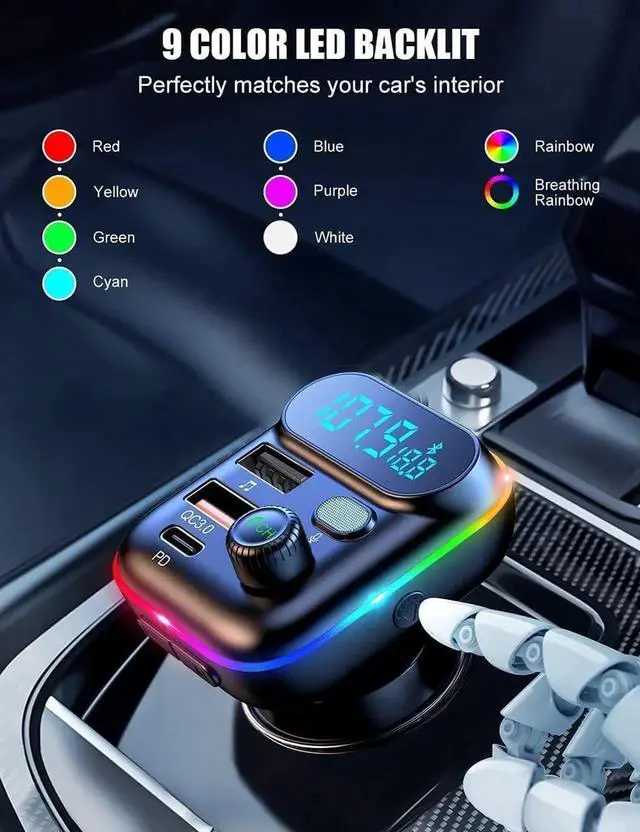 Alt view image 4 of 7 - Bluetooth Adapter for Car - Wireless Bluetooth FM Radio Transmitter - Bluetooth AUX Adapter | Wireless Bluetooth 5.0 MP3 Music Player - QC3.0 + PD 20W USB Car Charger | 7 Colors LED Backlit