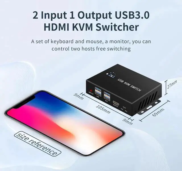 Main image of AUTYUE 2 Port HDMI KVM Switch for 2 Computers 1 Monitors, 4K@60Hz, USB 3.0 Devices KVM switcher, USB 3.0 HDMI Switch 2 in 1 Out, with Desktop Controller, Button switches, Support Windows, Linux, MacOS
