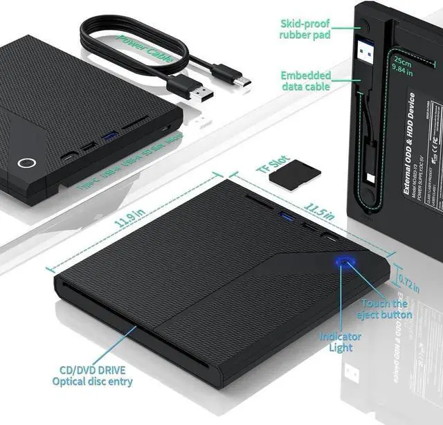 Main image of 5 in 1 External CD/DVD Drive for Laptop, Slot in CD ROM Burner Drive, USB 3.0 Type C DVD Player Mute Portable CD/DVD Burner Writer External Disk Optical Drive Compatible with Windows, Linux, MacOS