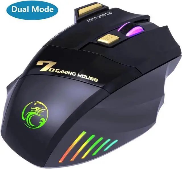 Main image of Dual Mode Wireless Gaming Mouse, Rechargeable USB 2.4G + Bluetooth 5.1 Wireless Mice, with 7-Color Rainbow Luminous, 3 adjustable DPI levels(up to 3200 dpi), Optical Effect Gaming Mice (Classic Black)