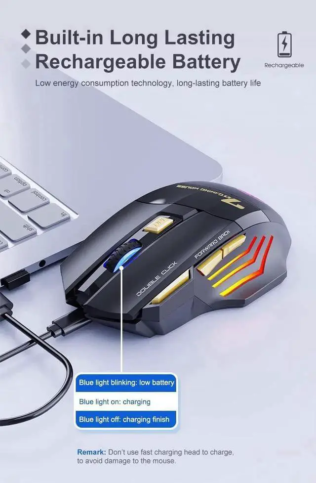 Alt view image 6 of 7 - Dual Mode Wireless Gaming Mouse, Rechargeable USB 2.4G + Bluetooth 5.1 Wireless Mice, with 7-Color Rainbow Luminous, 3 adjustable DPI levels(up to 3200 dpi), Optical Effect Gaming Mice (Classic Black)