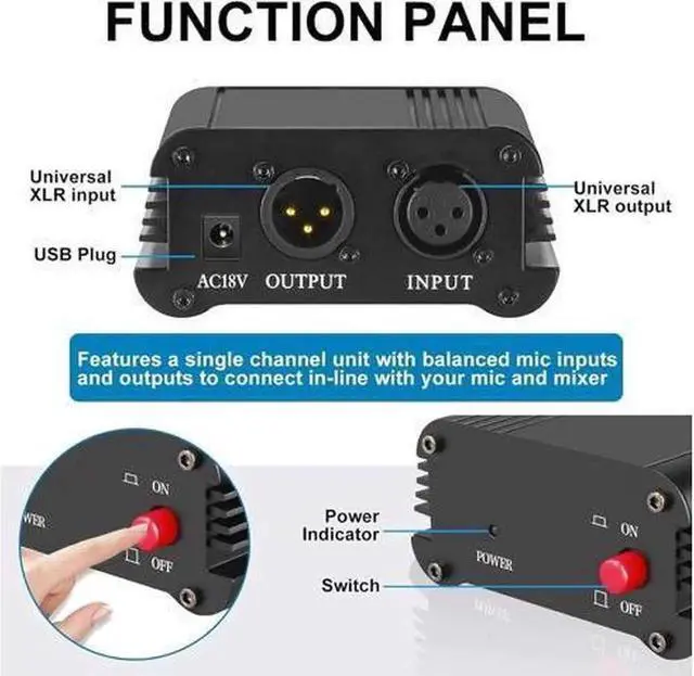 Alt view image 2 of 6 - 1Channel 48V Phantom Power Supply with Adapter BONUS+XLR 3 Pin Microphone Cable for Any Condenser Microphone Music Recording Equipment