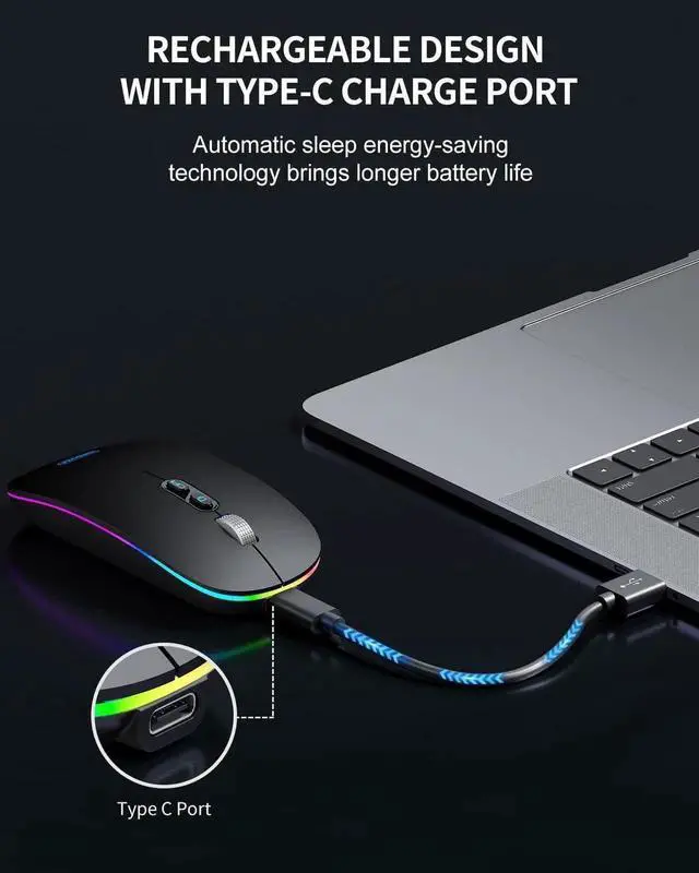 Alt view image 2 of 6 - LED Bluetooth Mouse, Rechargeable Silent Bluetooth Wireless Mouse Dual Mode (BT 5.1 + 2.4G USB) with Home Button, Portable Optical RGB Cordless Mice for Laptop Computer PC Mac, Black