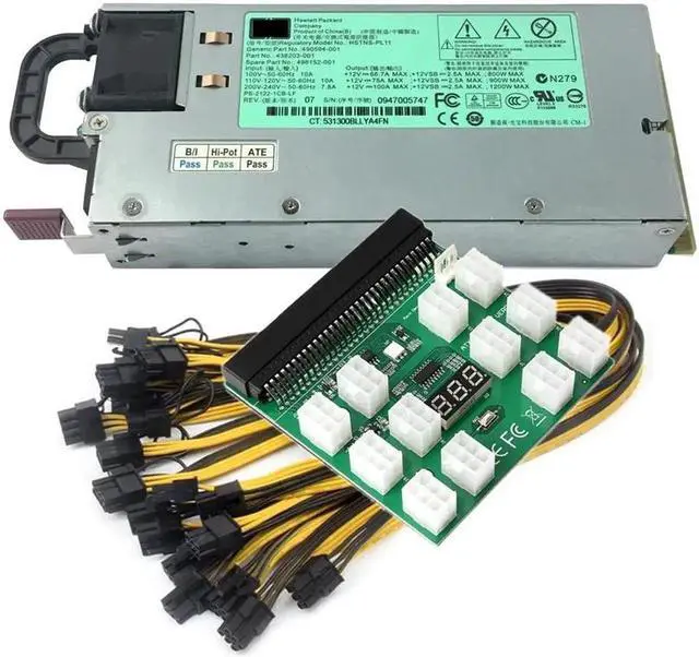 Main image of 1200W Server Power Supply 490594-001 438203-001 498152-001 HSTNS-PL11 + Breakout Board + 12pcs PCIe 6Pin to 6+2Pin Cable