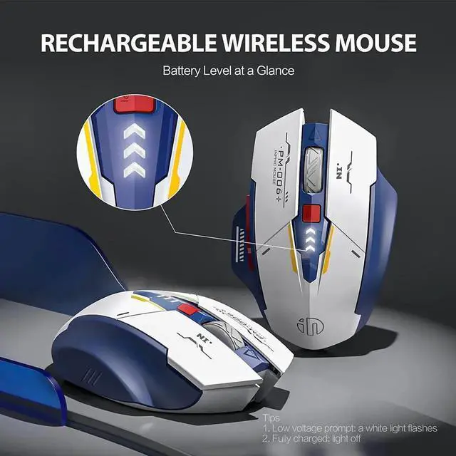 Alt view image 7 of 7 - Wireless Mouse, Rechargeable Wireless Mouse, Ergonomic Silent Mice with 2.4G USB Receiver Mecha Style Mouse Wireless for Laptop Computer MacOS, Blue & White