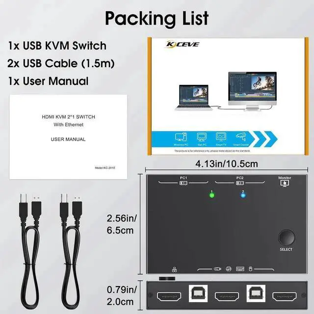 Main image of 2 Port HDMI KVM Switch with Ethernet, HDMI KVM Switch 2 in 1 Out 4K@60Hz, HDMI KVM Switches for 2 Computers Share 1 Monitor and 3 USB Devices Keyboard Mouse, Ethernet Network KVM Switcher