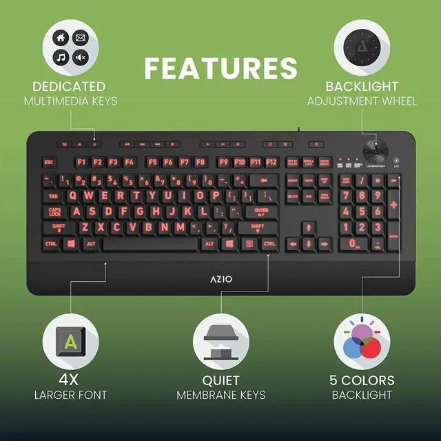 Alt view image 3 of 6 - A-zi-o Vision Backlit Computer Keyboard - Wired USB Keyboard with LARGE PRINT keys and 3 Interchangeable Backlight Colors