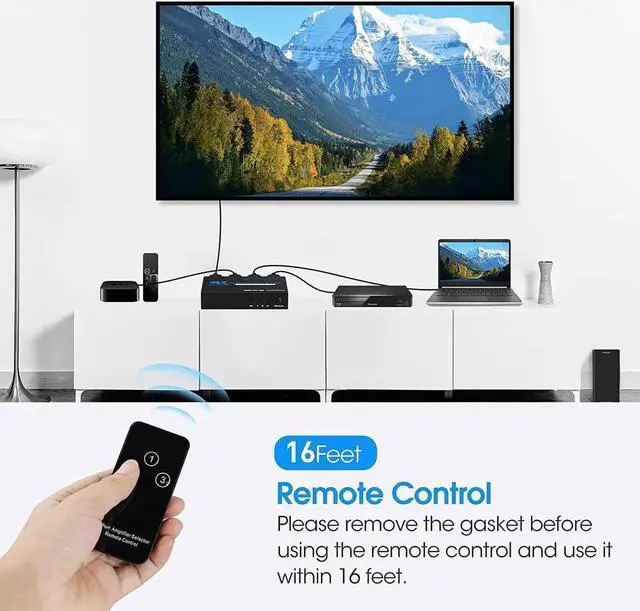 Alt view image 2 of 7 - 4K@60Hz HDMI Switch, HDMI Switch 3 in 1 Out with Remote Control, 3-Port HDMI Switcher Selector, Supports 4K, 3D, HDCP2.2, HDMI2.0, HDR, for Fire Stick, HDTV, PS4/5, Game Consoles, PC
