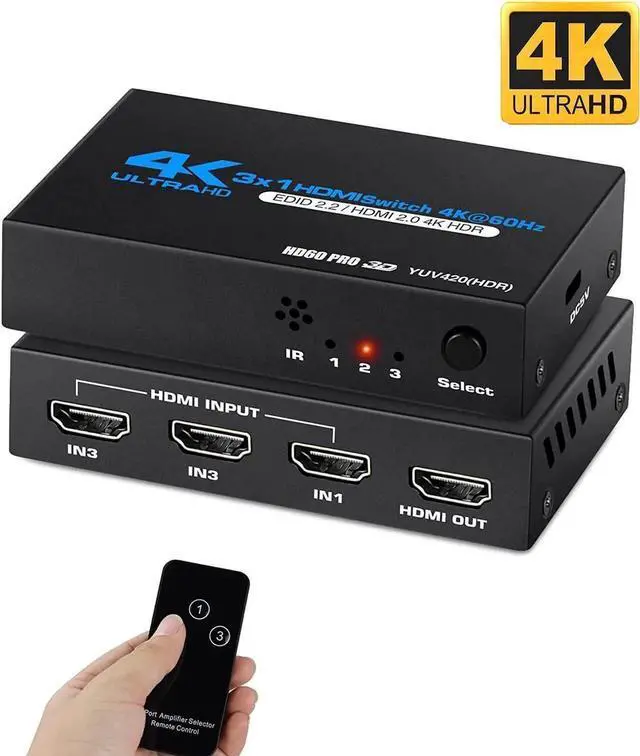 Main image of 4K@60Hz HDMI Switch, HDMI Switch 3 in 1 Out with Remote Control, 3-Port HDMI Switcher Selector, Supports 4K, 3D, HDCP2.2, HDMI2.0, HDR, for Fire Stick, HDTV, PS4/5, Game Consoles, PC