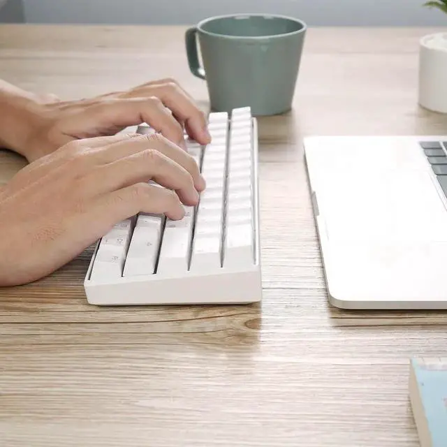 Alt view image 7 of 7 - CO-RN RK61 Mechanical Bluetooth 3.0 Wired/Wireless 61 Keys Multi-Device LED Backlit Gaming/Office 60 Keyboard for iOS, Android, Windows and Mac with Rechargeable Battery, Blue Switch - White