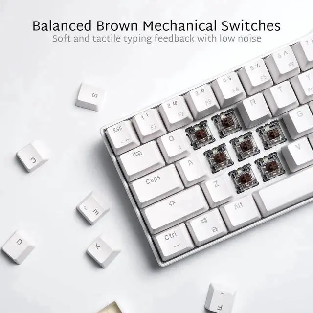 Alt view image 5 of 7 - CO-RN RK61 Mechanical Bluetooth 3.0 Wired/Wireless 61 Keys Multi-Device LED Backlit Gaming/Office 60 Keyboard for iOS, Android, Windows and Mac with Rechargeable Battery, Blue Switch - White