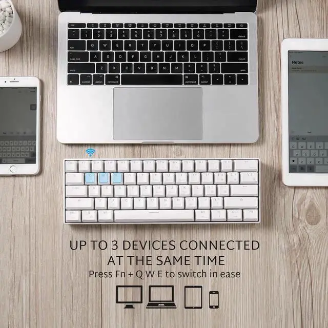 Alt view image 4 of 7 - CO-RN RK61 Mechanical Bluetooth 3.0 Wired/Wireless 61 Keys Multi-Device LED Backlit Gaming/Office 60 Keyboard for iOS, Android, Windows and Mac with Rechargeable Battery, Blue Switch - White