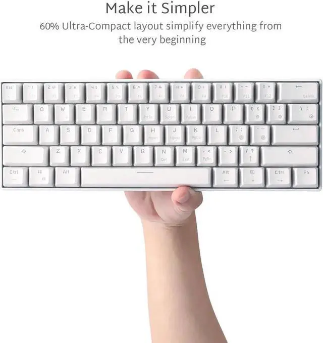 Alt view image 2 of 7 - CO-RN RK61 Mechanical Bluetooth 3.0 Wired/Wireless 61 Keys Multi-Device LED Backlit Gaming/Office 60 Keyboard for iOS, Android, Windows and Mac with Rechargeable Battery, Blue Switch - White