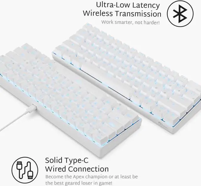 Alt view image 3 of 7 - CO-RN RK61 Mechanical Bluetooth 3.0 Wired/Wireless 61 Keys Multi-Device LED Backlit Gaming/Office 60 Keyboard for iOS, Android, Windows and Mac with Rechargeable Battery, Blue Switch - White
