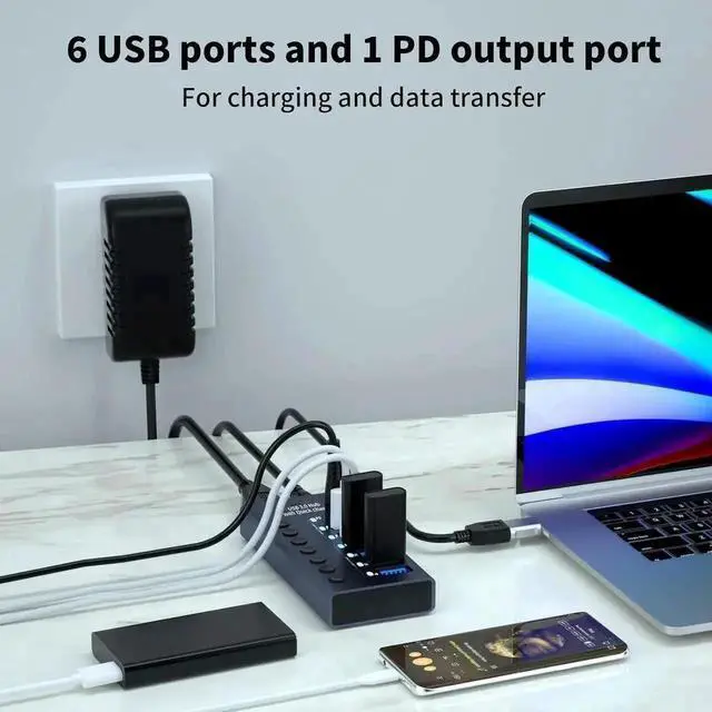 Alt view image 5 of 7 - Powered USB Hub - 7-Port USB 3.0 Hub with Power Adapter, (4 USB 3.0 Data Transmission Ports + 2 Smart Charging Ports + 1 PD Charging Port) - Aluminum