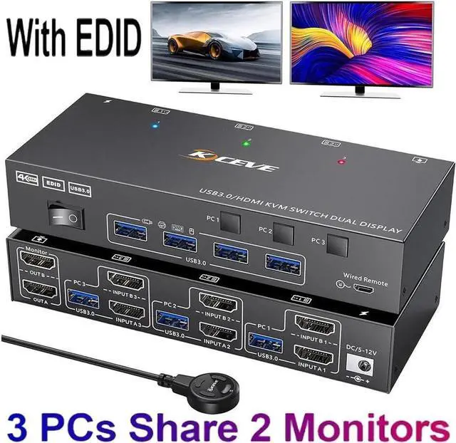 Main image of USB 3.0 HDMI KVM Switch 2 Monitors 3 Computers 4K@60Hz, EDID simulation, Dual Monitor HDMI KVM Switch 3 in 2 Out for 3 Computers Share 2 Displays and 4 USB 3.0 Ports, Wired Remote and Cables Included