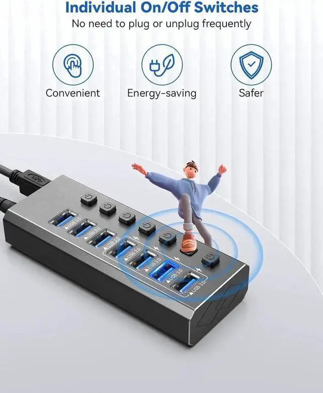 Alt view image 6 of 7 - Powered USB Hub, 7 Port 24W USB Hub 3.0 with 4*USB 3.0 Smart Charging, Individual On/Off Switches, 12V DC Power Adapter for Laptops, PC