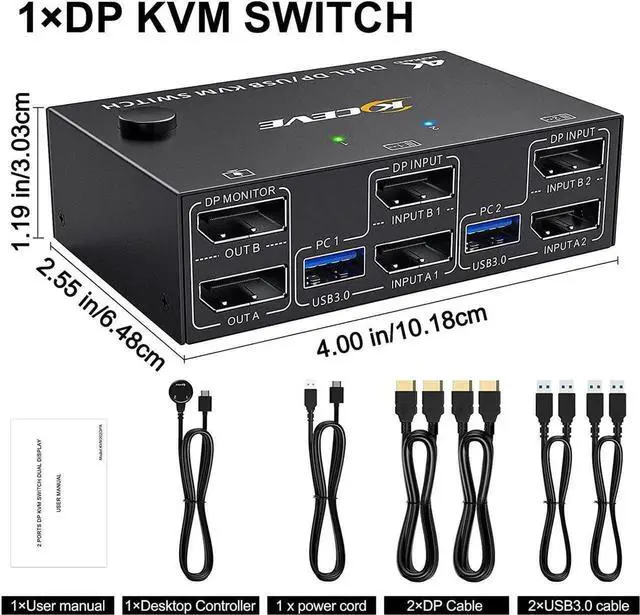 Alt view image 4 of 7 - 2 Port Dual Monitor DisplayPort KVM Switch 8K @30Hz 4K @60Hz, 2 in 2 Out Displayport KVM Switch for 2 PC 2 Monitors, KVM Switches with 4 USB 3.0 Ports, with DP + USB Cable and Desktop Controller
