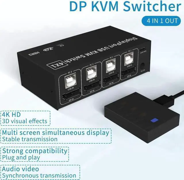 Alt view image 3 of 7 - 4 in 1 Out DisplayPort KVM Switch 4x1, 4 Port 4K @60Hz USB and DP Switch for 4 Computers Share Keyboard Mouse Printer Monitor for Laptop,PC, with 4X USB Cable,1x Switch Button Cable,1x Power Cable