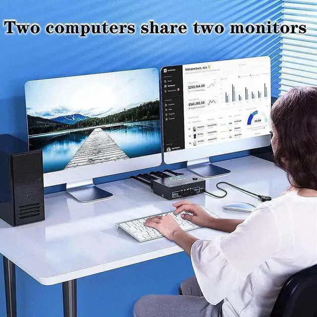 Alt view image 5 of 7 - Dual Monitor DisplayPort 1.4 KVM Switch 8K@30Hz 4K@144Hz 2 in 2 Out, DP1.4 KVM Switch and 4 USB 3.0 Port for 2 Computers,Backnward Compatible DP1.2 with DP+USB Cables and Wired Controller