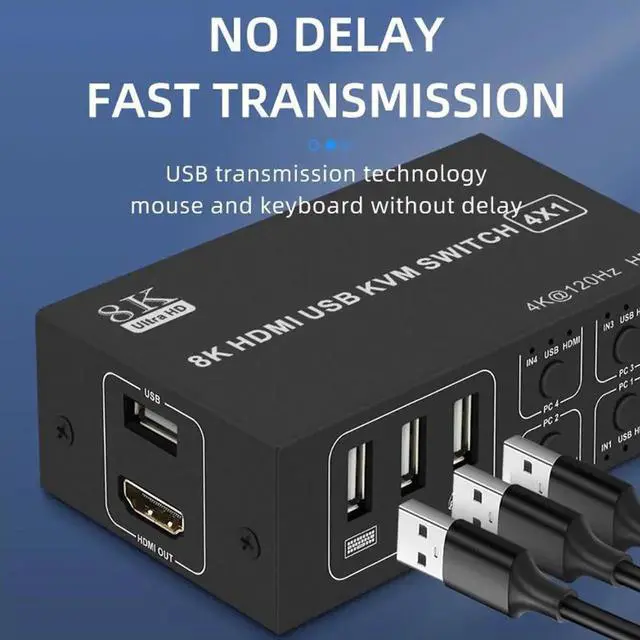 Alt view image 4 of 6 - 4x1 HDMI KVM Switch 4 Port, 8K @60Hz 4K@120Hz HDMI USB KVM HDMI Switch Share 4 Computers with One Monitor One-Button Swapping, 4 in 1 Out KVM Switcher for PC Laptop with 4 USB Cables 1 Power Cable