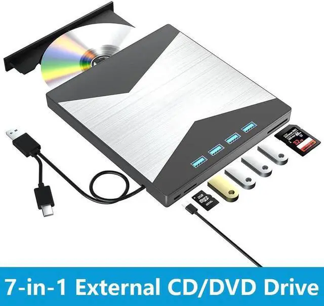 Alt view image 3 of 7 - 7 in 1 External DVD CD Drive, Portable DVD Player for Laptop USB 3.0 & Type-C, CD/DVD +/-RW Disk Drive, CD/DVD Burner CD ROM External Drive for Laptop Desktop PC Windows 7/8/10/XP Linux MacOS