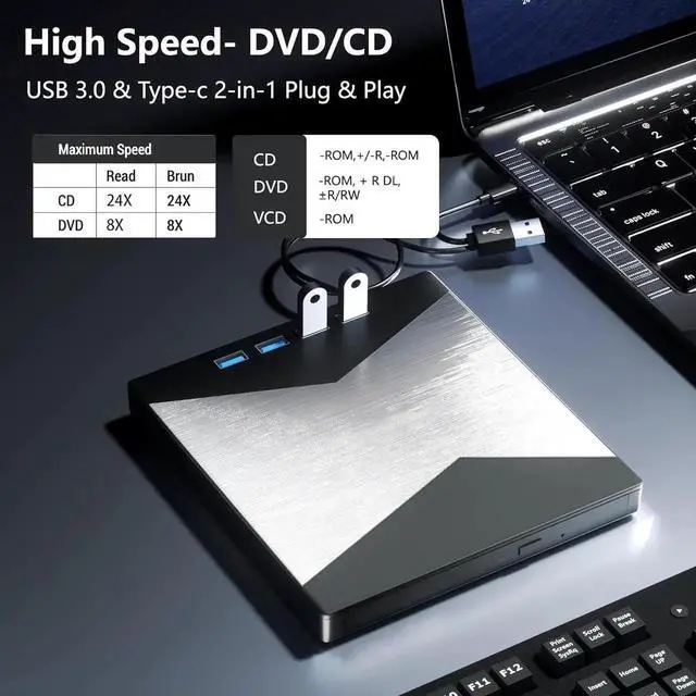 Alt view image 4 of 7 - 7 in 1 External DVD CD Drive, Portable DVD Player for Laptop USB 3.0 & Type-C, CD/DVD +/-RW Disk Drive, CD/DVD Burner CD ROM External Drive for Laptop Desktop PC Windows 7/8/10/XP Linux MacOS