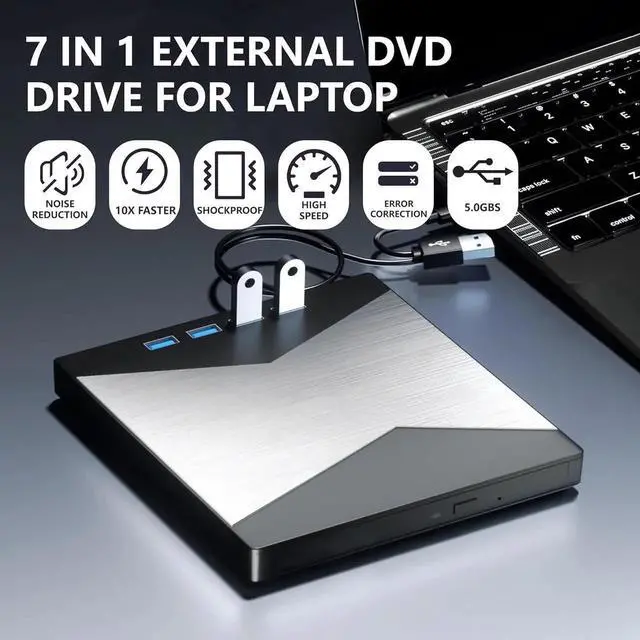 Alt view image 5 of 7 - 7 in 1 External DVD CD Drive, Portable DVD Player for Laptop USB 3.0 & Type-C, CD/DVD +/-RW Disk Drive, CD/DVD Burner CD ROM External Drive for Laptop Desktop PC Windows 7/8/10/XP Linux MacOS