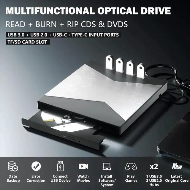 Alt view image 2 of 7 - 7 in 1 External DVD CD Drive, Portable DVD Player for Laptop USB 3.0 & Type-C, CD/DVD +/-RW Disk Drive, CD/DVD Burner CD ROM External Drive for Laptop Desktop PC Windows 7/8/10/XP Linux MacOS