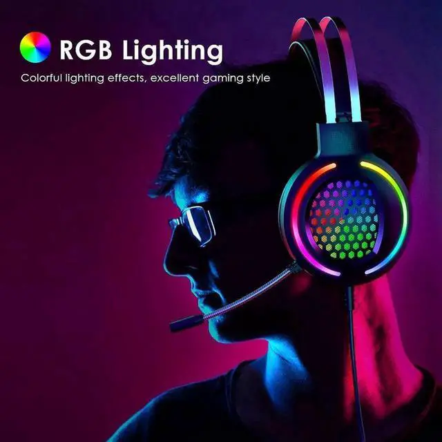 Alt view image 3 of 7 - Gaming Headset with 7.1 Surround Sound,PC Lightweight Headset with Noise Canceling Mic,Bass Surround,Soft Memory Earmuffs,Rainbow Backlit for PC,PS4,Xbox One Controller (Adapter Not Included)