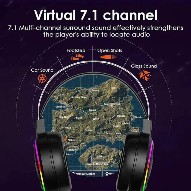 Alt view image 4 of 7 - Gaming Headset with 7.1 Surround Sound,PC Lightweight Headset with Noise Canceling Mic,Bass Surround,Soft Memory Earmuffs,Rainbow Backlit for PC,PS4,Xbox One Controller (Adapter Not Included)