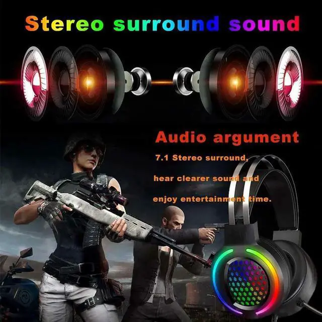 Alt view image 7 of 7 - Gaming Headset with 7.1 Surround Sound,PC Lightweight Headset with Noise Canceling Mic,Bass Surround,Soft Memory Earmuffs,Rainbow Backlit for PC,PS4,Xbox One Controller (Adapter Not Included)