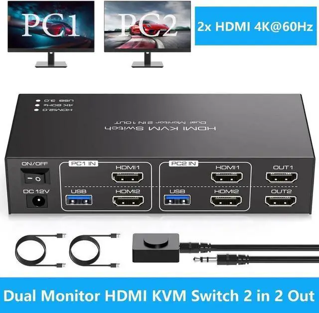 Main image of Dual Monitor HDMI KVM Switch, 2 Port HDMI 4K@60Hz KVM Switcher for 2 Computers 2 Monitors with 4 USB 3.0 Ports Support Copy and Extended Display and Desktop Control Including 2 USB 3.0 Cable