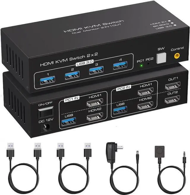 Main image of HDMI KVM Switch Monitors 2 Computers, 8K60HZ/4K120Hz KVM Switch Dual Monitors 2 Computers with 4 USB 3.0 Port, HDMI KVM Switch 2 Port Support Button and Remote Switch, 2 PC Sharing 4 USB Devices