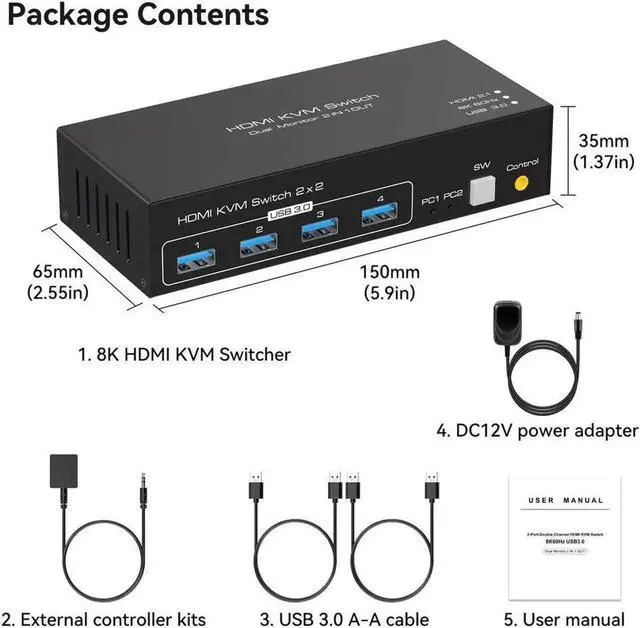 Alt view image 2 of 7 - HDMI KVM Switch Monitors 2 Computers, 8K60HZ/4K120Hz KVM Switch Dual Monitors 2 Computers with 4 USB 3.0 Port, HDMI KVM Switch 2 Port Support Button and Remote Switch, 2 PC Sharing 4 USB Devices