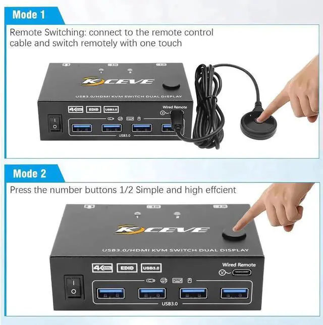 Alt view image 6 of 7 - Dual Monitor HDMI KVM Switch 4K@60Hz Simulation EDID, 2 Port HDMI USB 3.0 KVM Switch for 2 Monitors 2 Computers,Support Copy and Extended Display, with HDMI and USB 3.0 Cables & Wired Controller