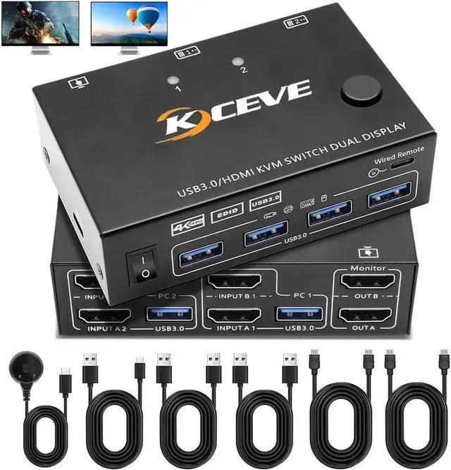 Main image of Dual Monitor HDMI KVM Switch 4K@60Hz Simulation EDID, 2 Port HDMI USB 3.0 KVM Switch for 2 Monitors 2 Computers,Support Copy and Extended Display, with HDMI and USB 3.0 Cables & Wired Controller