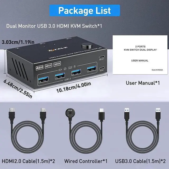 Main image of 2 Ports Dual Monitor HDMI KVM Switch 2 in 2 Out, 4K @60Hz KVM Switch HDMI Extended Display 2 Computers 2 Monitors and 4 USB 3.0 Ports with Simulation EDID, Wired Controller, HD-MI 2.0+USB 3.0 Cables
