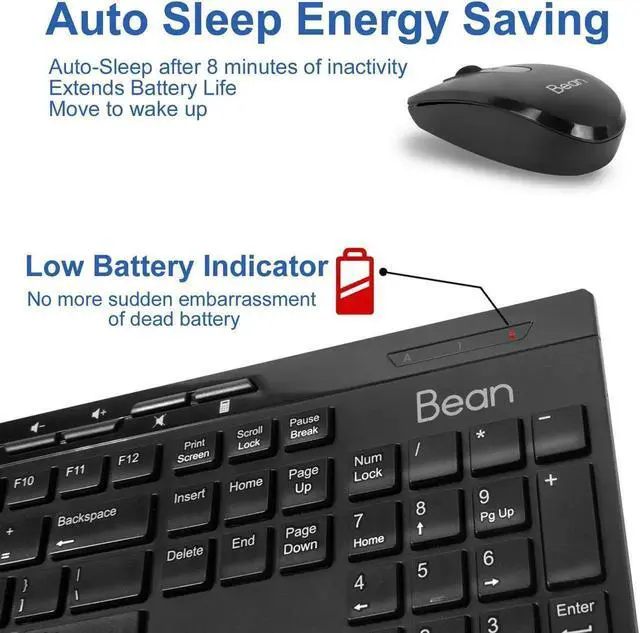 Alt view image 2 of 7 - Be-an 2.4GHz Full Size Wireless Keyboard and Mouse Combo, Ergonomic Design Compatible with Windows and Linux, 1000/1200/1600 DPI, Batteries Included - Plug and Play