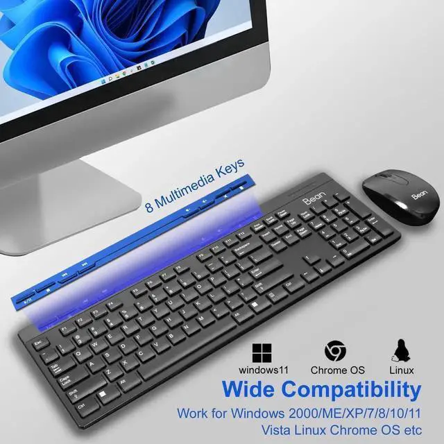 Alt view image 7 of 7 - Be-an 2.4GHz Full Size Wireless Keyboard and Mouse Combo, Ergonomic Design Compatible with Windows and Linux, 1000/1200/1600 DPI, Batteries Included - Plug and Play