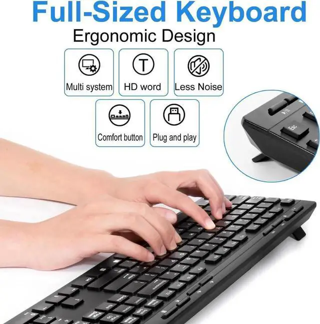 Alt view image 3 of 7 - Be-an 2.4GHz Full Size Wireless Keyboard and Mouse Combo, Ergonomic Design Compatible with Windows and Linux, 1000/1200/1600 DPI, Batteries Included - Plug and Play